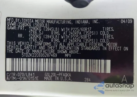 2009 Toyota Sienna Xle z USA, uszkodzony, nr VIN 5TDZK22C69S287469